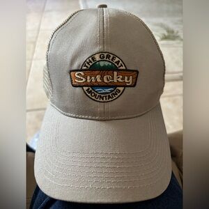 Great Smoky Mountains Trucker Hat JHATS Mesh. Adjustable Tan. Embroidered patch.